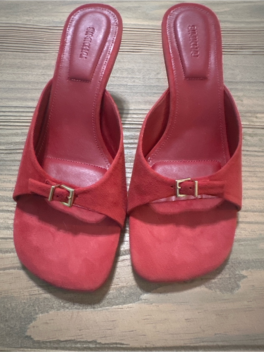 SIMKHAI Red Suede Leather Kitten Heel Mules Size 38 Slip On Sandals - Picture 2 of 5